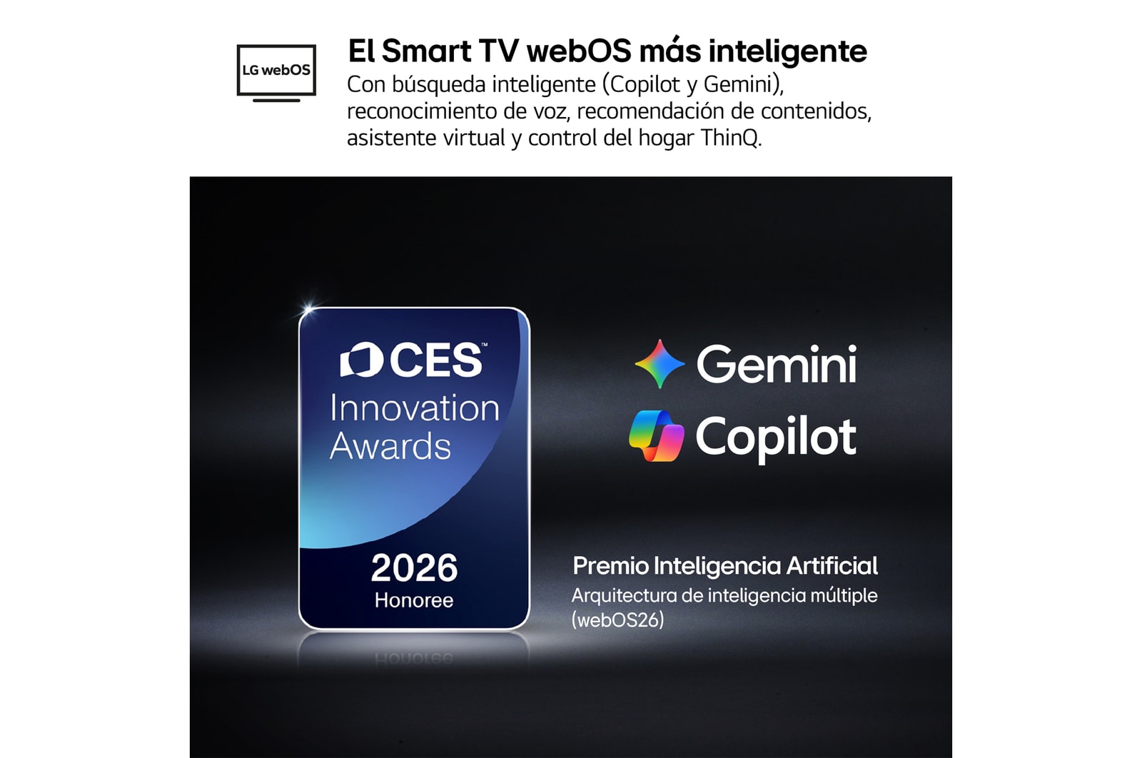 The 2026 CES Innovation Awards Honoree badge in the Artificial Intelligence category recognizes Multi-AI search with Google Gemini and Microsoft Copilot.